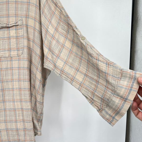 Style Rack Button up Tunic Women's L Gauzy Cotton Tan Blue Plaid Roll Tab Boho - Picture 5 of 9